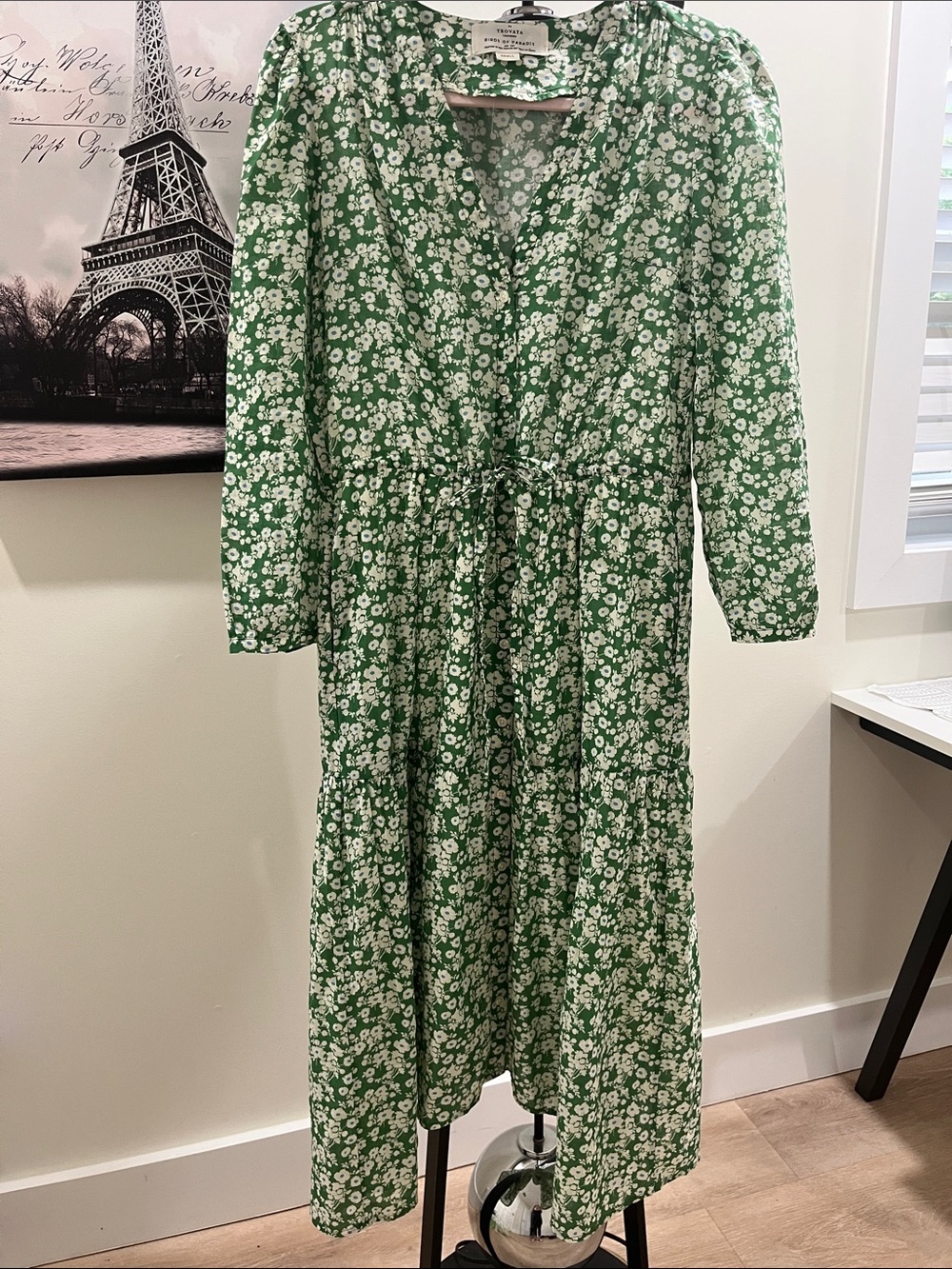 Trovata Green Floral Midi Dress with Drawstring Waist